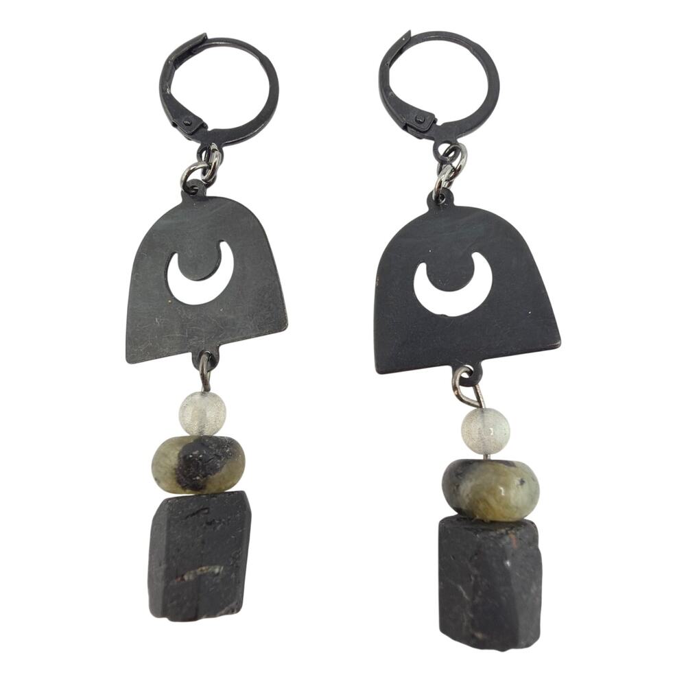 NEW Artisan  Labradorite and Black Tourmaline Moon Bell Dangle Earrings